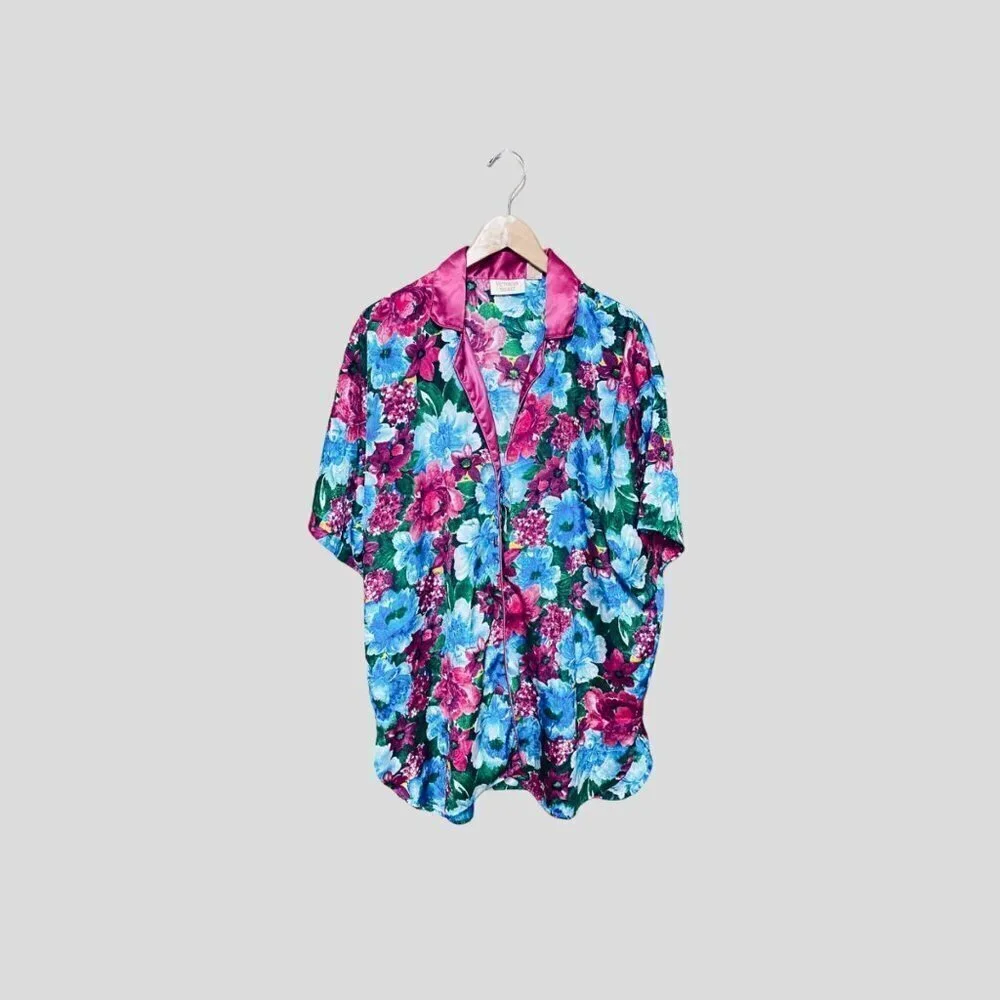Victoria Secret Womens Pajama Top Size M/L Pink Floral Buttons Up sleep Dress